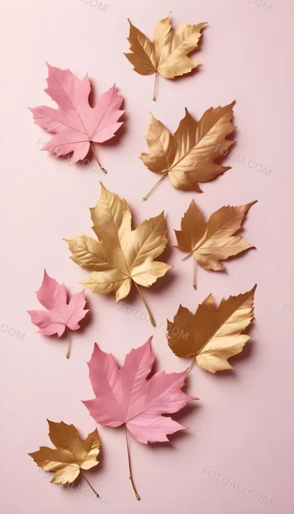 Assorted Pink And Gold Autumn Leaves On A Pink Background 4 5540
