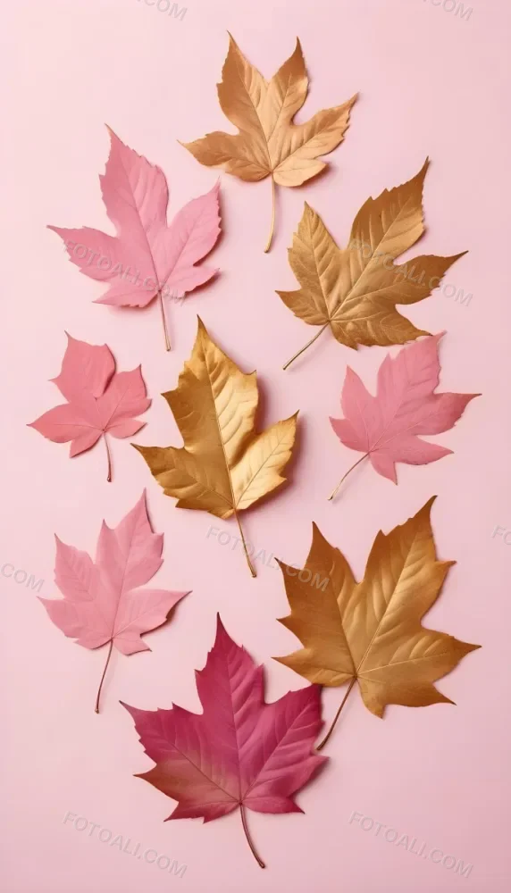 Assorted Pink And Gold Autumn Leaves On A Pink Background 5 211b