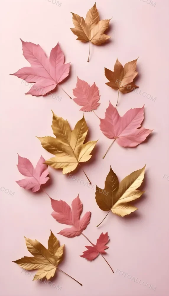 Assorted Pink And Gold Autumn Leaves On A Pink Background 9 9b73