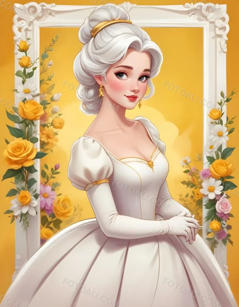 Belle With White Hair And White Dress Mrs Potts White Frame With Flowers Yellow Background 1 Fc9f