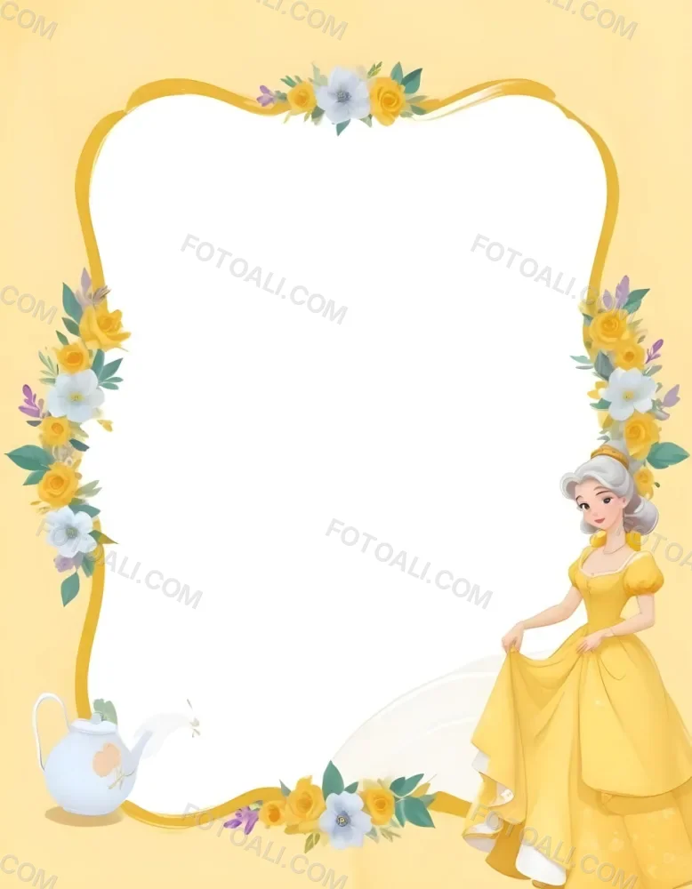 Belle With White Hair And White Dress Mrs Potts White Frame With Flowers Yellow Background 10 B72a