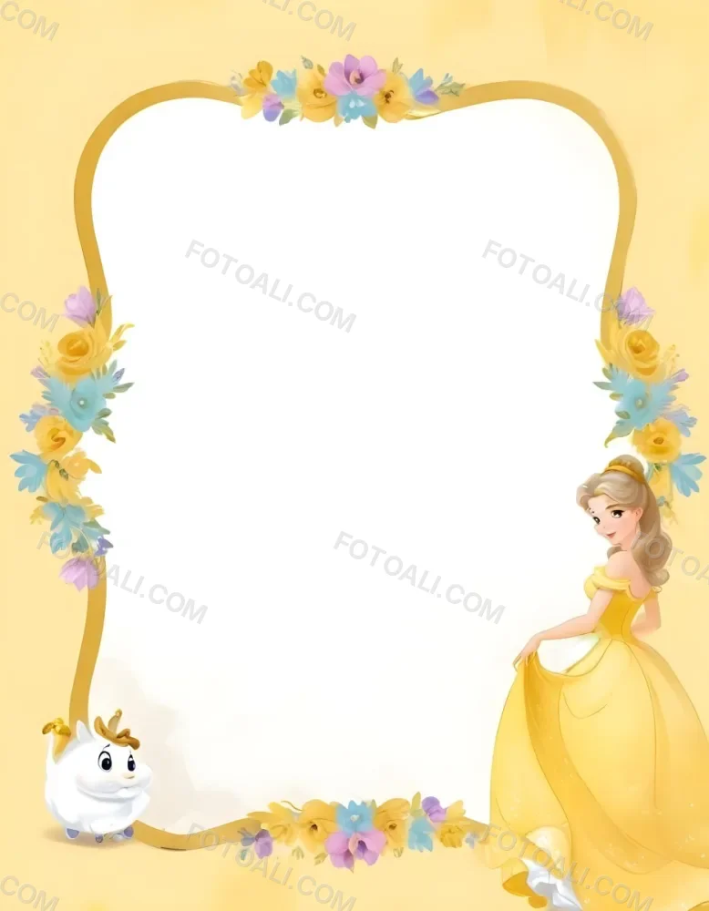 Belle With White Hair And White Dress Mrs Potts White Frame With Flowers Yellow Background 11 Ce25