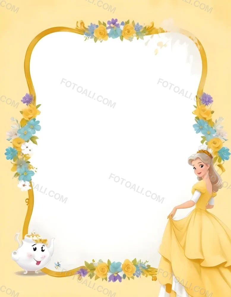 Belle With White Hair And White Dress Mrs Potts White Frame With Flowers Yellow Background 12 31b8