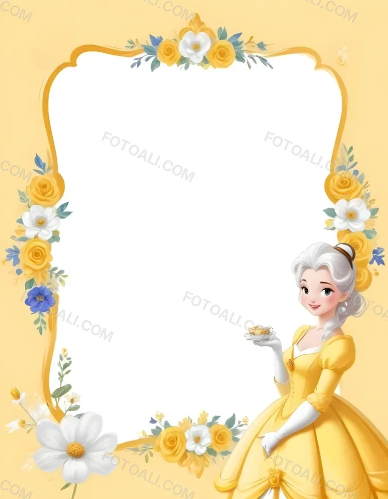 Belle With White Hair And White Dress Mrs Potts White Frame With Flowers Yellow Background 13 98ab