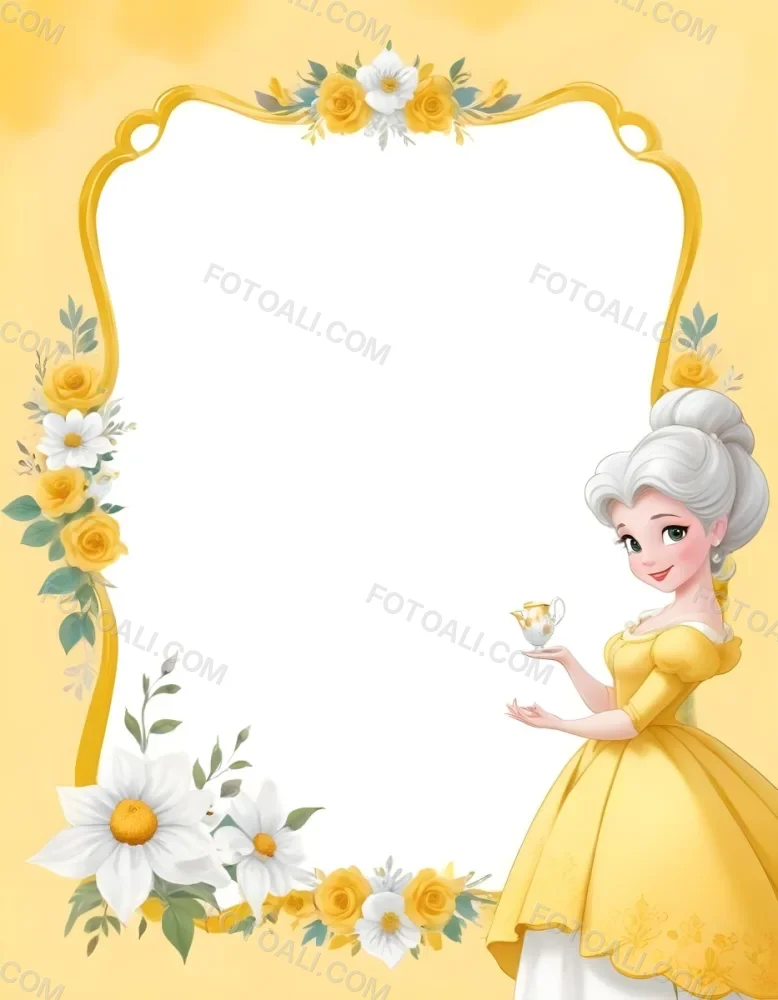 Belle With White Hair And White Dress Mrs Potts White Frame With Flowers Yellow Background 16 A54b