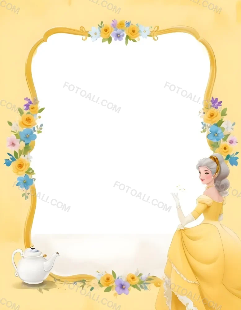 Belle With White Hair And White Dress Mrs Potts White Frame With Flowers Yellow Background 17 E422