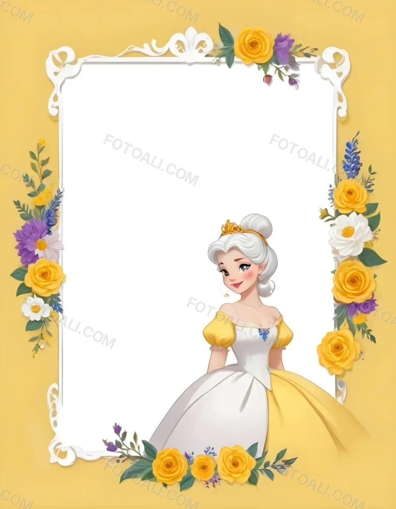 Belle With White Hair And White Dress Mrs Potts White Frame With Flowers Yellow Background 2 F8c9
