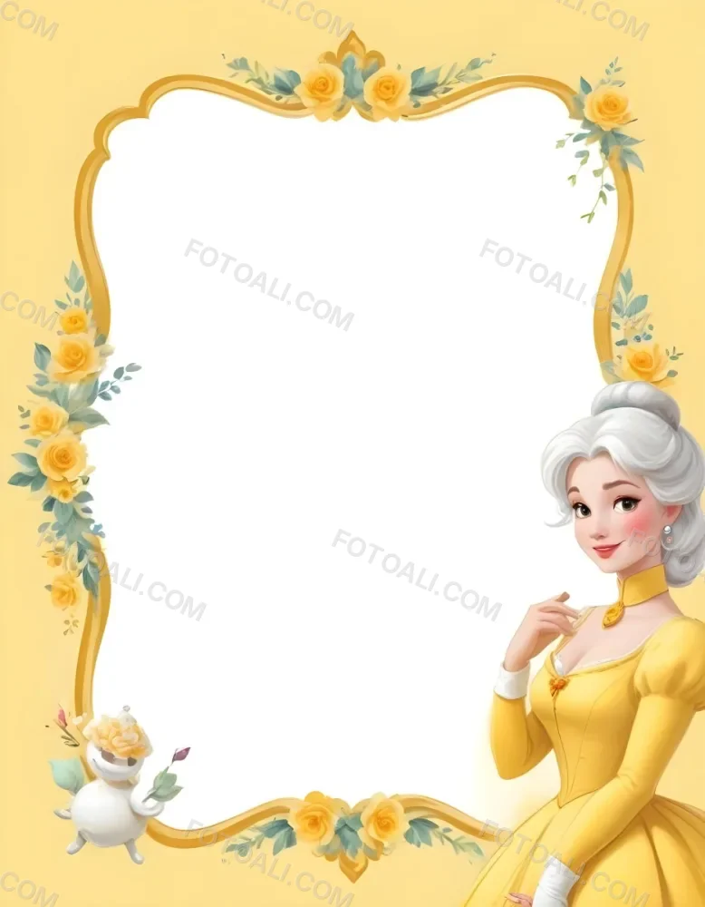 Belle With White Hair And White Dress Mrs Potts White Frame With Flowers Yellow Background 3 776c