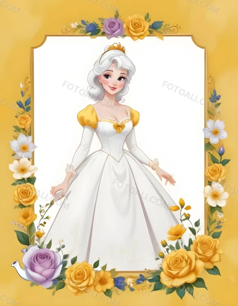 Belle With White Hair And White Dress Mrs Potts White Frame With Flowers Yellow Background 4 4d04