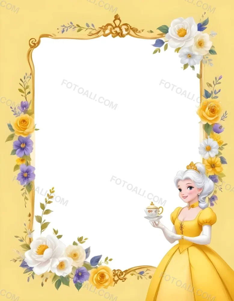 Belle With White Hair And White Dress Mrs Potts White Frame With Flowers Yellow Background 5 518c