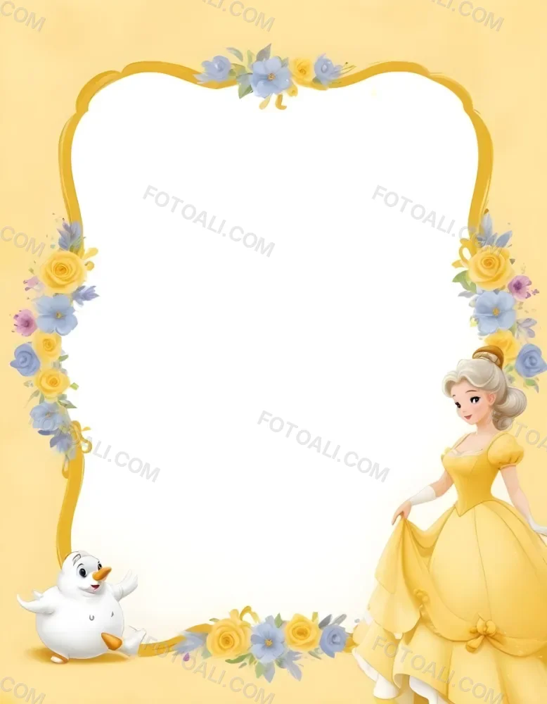 Belle With White Hair And White Dress Mrs Potts White Frame With Flowers Yellow Background 6 B934