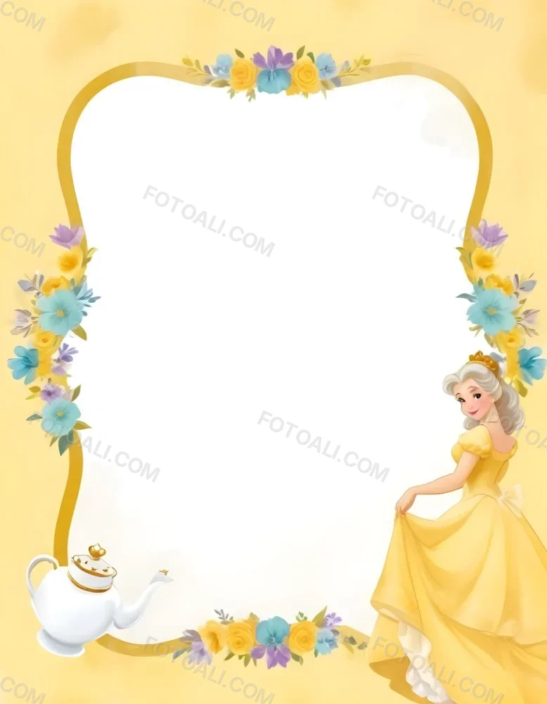 Belle With White Hair And White Dress Mrs Potts White Frame With Flowers Yellow Background 7 56c2