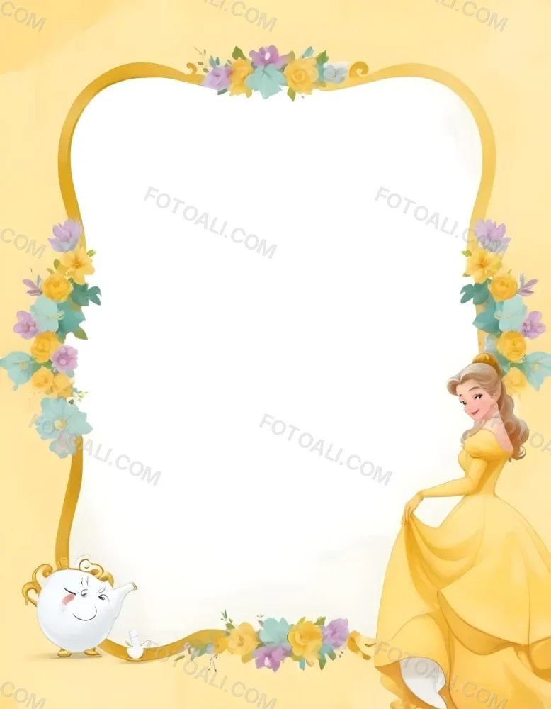 Belle With White Hair And White Dress Mrs Potts White Frame With Flowers Yellow Background 8 7a56