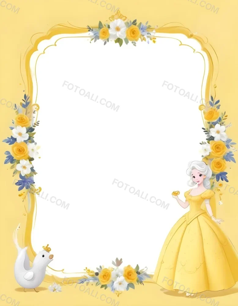 Belle With White Hair And White Dress Mrs Potts White Frame With Flowers Yellow Background 9 3066