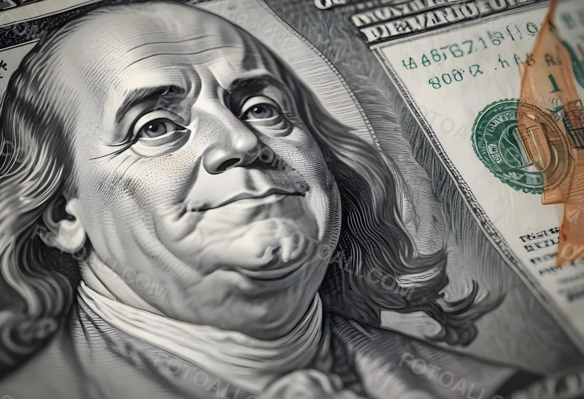 Benjamin Franklin Portrait On A One Hundred Dollar Bill Overlaid With A Stock Market Chart And Dollar Signs In A Financial Context 10 368a
