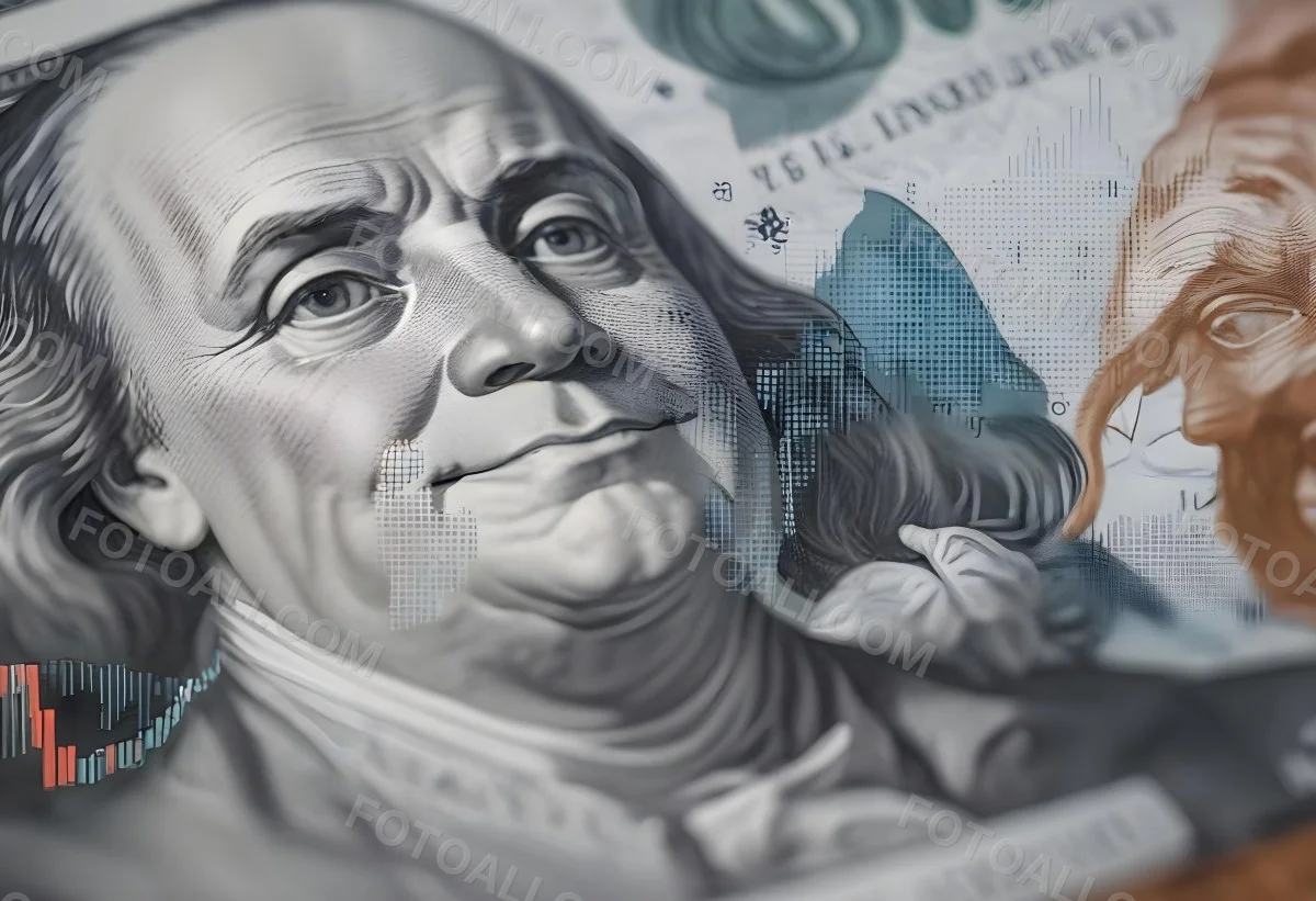 Benjamin Franklin Portrait On A One Hundred Dollar Bill Overlaid With A Stock Market Chart And Dollar Signs In A Financial Context 4 0135