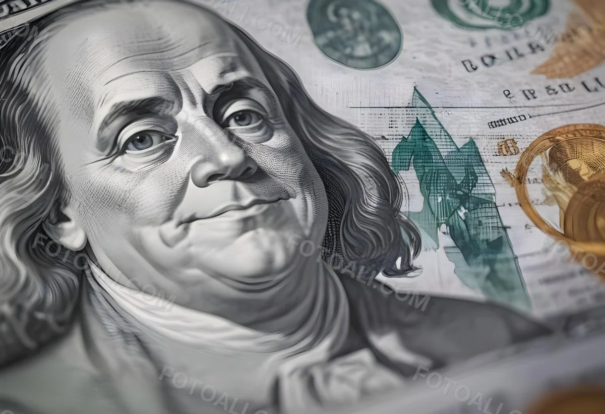 Benjamin Franklin Portrait On A One Hundred Dollar Bill Overlaid With A Stock Market Chart And Dollar Signs In A Financial Context 8 4f8e