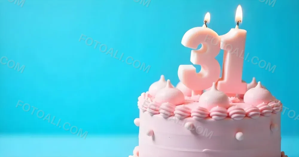 Birthday Cake With Pink Frosting And The Number 31 Candles On Top In A Blue Background 14 F9c8