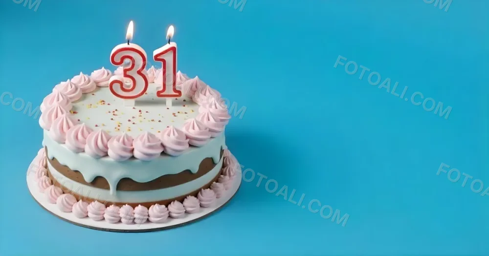 Birthday Cake With Pink Frosting And The Number 31 Candles On Top In A Blue Background 17 0575