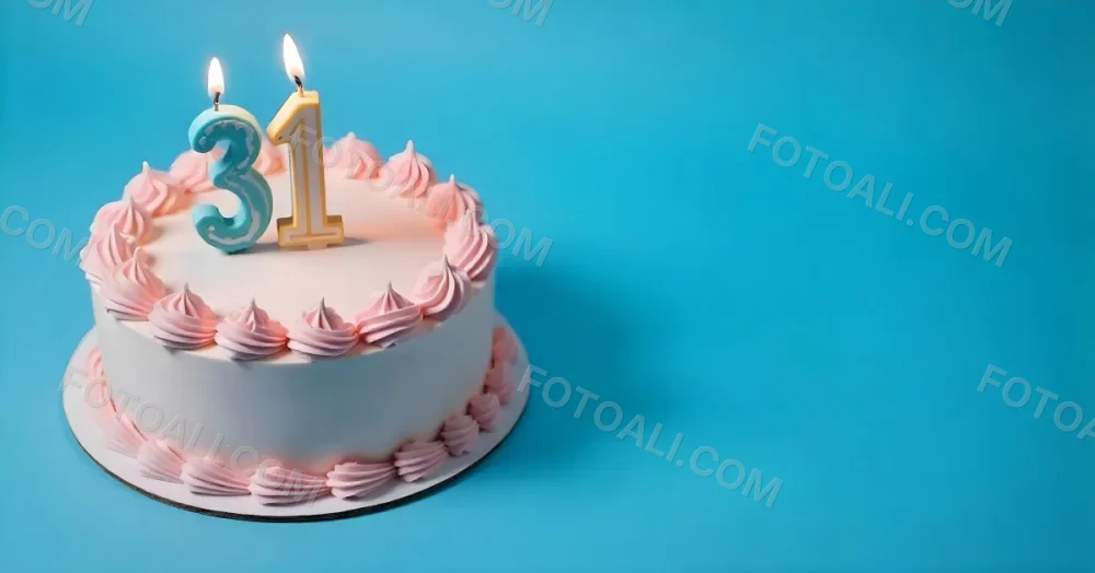 Birthday Cake With Pink Frosting And The Number 31 Candles On Top In A Blue Background 18 A446