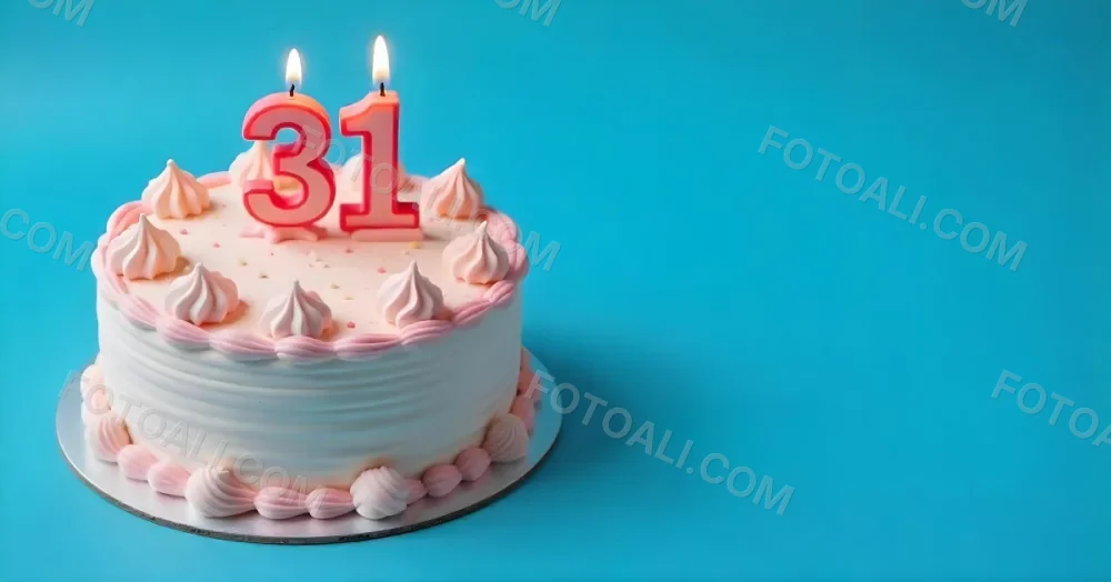 Birthday Cake With Pink Frosting And The Number 31 Candles On Top In A Blue Background 27 7618