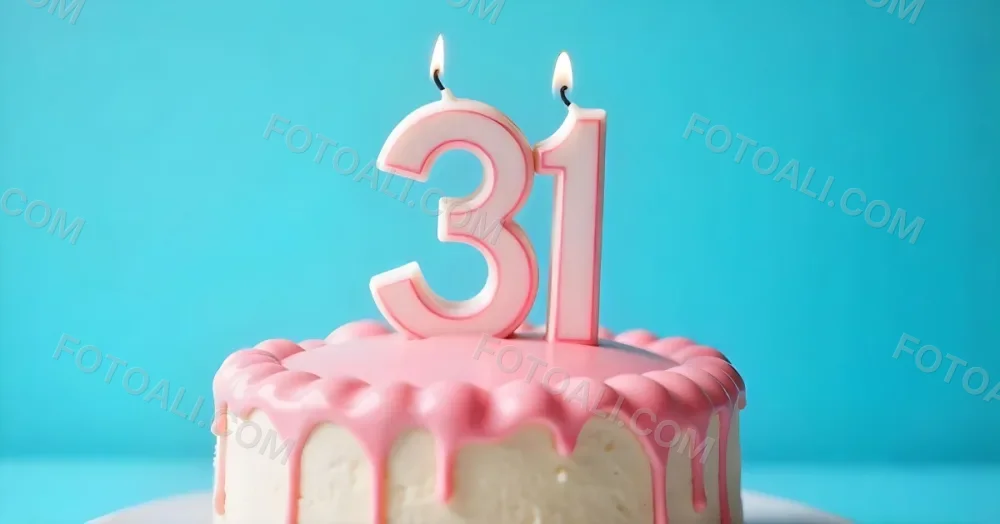 Birthday Cake With Pink Frosting And The Number 31 Candles On Top In A Blue Background 3 31d8