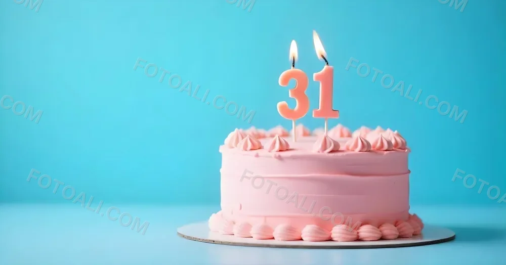 Birthday Cake With Pink Frosting And The Number 31 Candles On Top In A Blue Background 4 Abb9