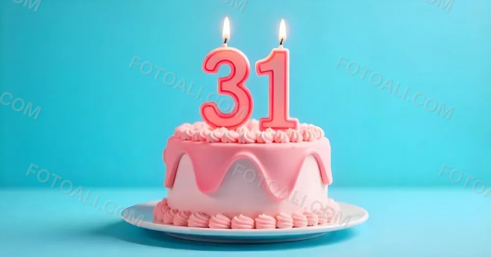 Birthday Cake With Pink Frosting And The Number 31 Candles On Top In A Blue Background 5 Dc15