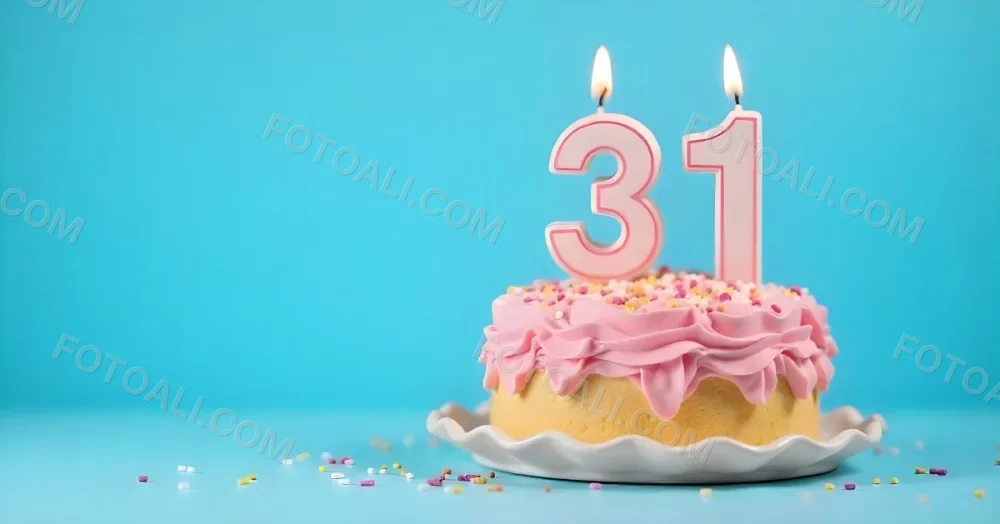 Birthday Cake With Pink Frosting And The Number 31 Candles On Top In A Blue Background 6 1d90