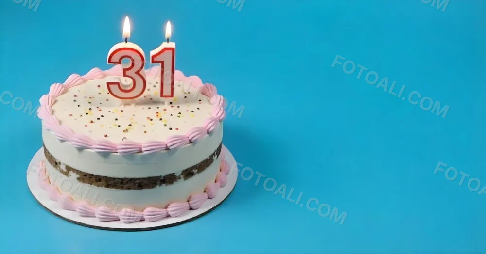 Birthday Cake With Pink Frosting And The Number 31 Candles On Top In A Blue Background 7 3660
