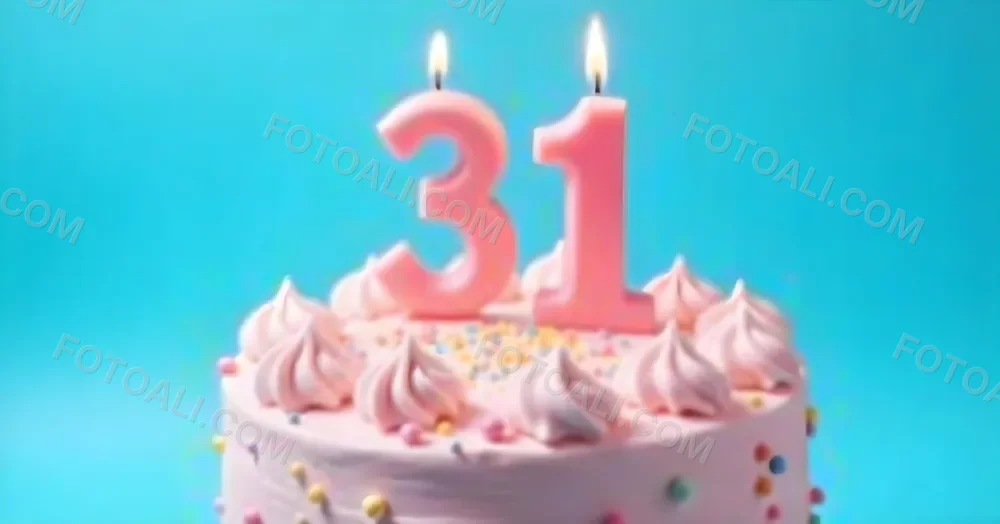 Birthday Cake With Pink Frosting And The Number 31 Candles On Top In A Blue Background 9 7ca3