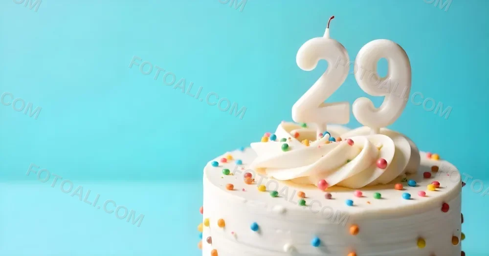 Birthday Cake With White Frosting And Colorful Sprinkles A Candle In The Shape Of The Number 29 Light Blue Background 10 7b1f