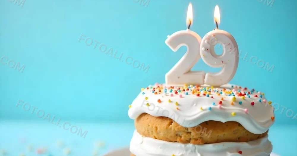 Birthday Cake With White Frosting And Colorful Sprinkles A Candle In The Shape Of The Number 29 Light Blue Background 4 873b