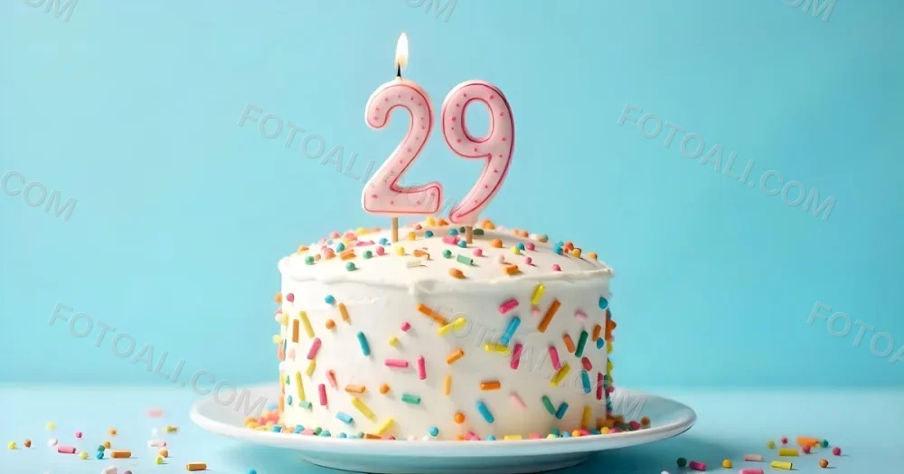 Birthday Cake With White Frosting And Colorful Sprinkles A Candle In The Shape Of The Number 29 Light Blue Background 5 6edd