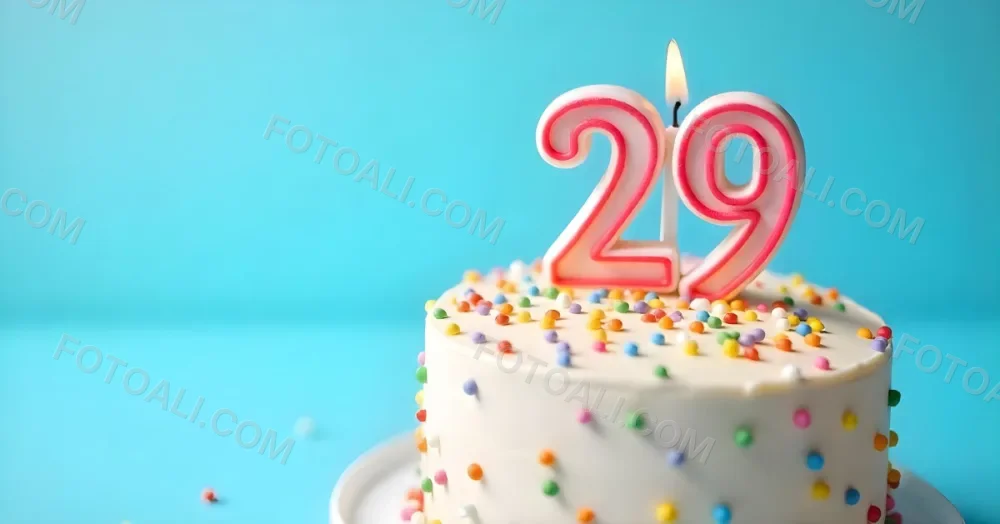 Birthday Cake With White Frosting And Colorful Sprinkles A Candle In The Shape Of The Number 29 Light Blue Background 9 26d9