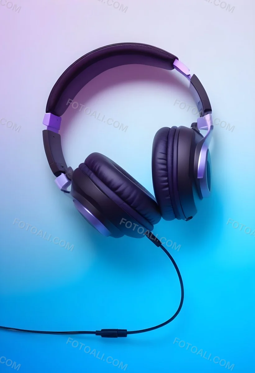 Black Headphones With Black Accents And A Blue Cable Against A Gradient Background Of Light Blue And Purple 1 8ac5