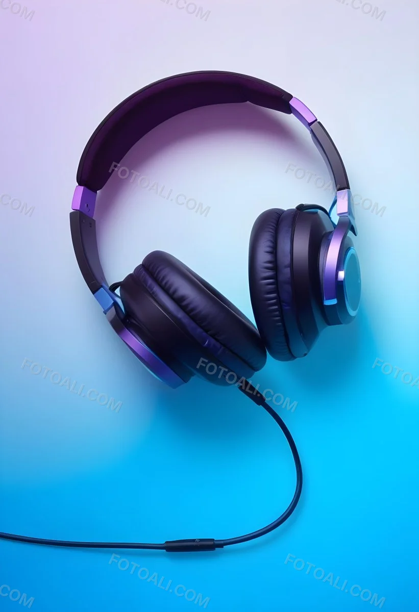 Black Headphones With Black Accents And A Blue Cable Against A Gradient Background Of Light Blue And Purple 3 7e30