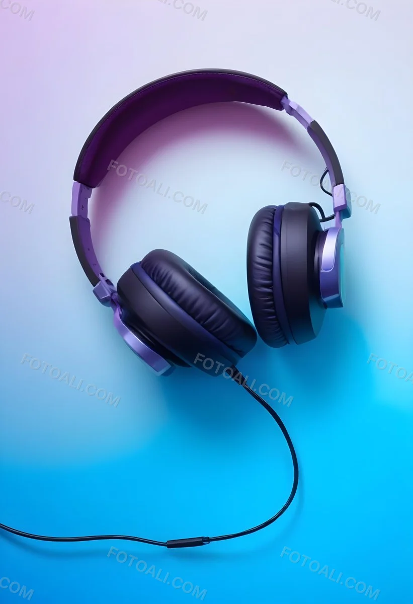 Black Headphones With Black Accents And A Blue Cable Against A Gradient Background Of Light Blue And Purple 5 0841