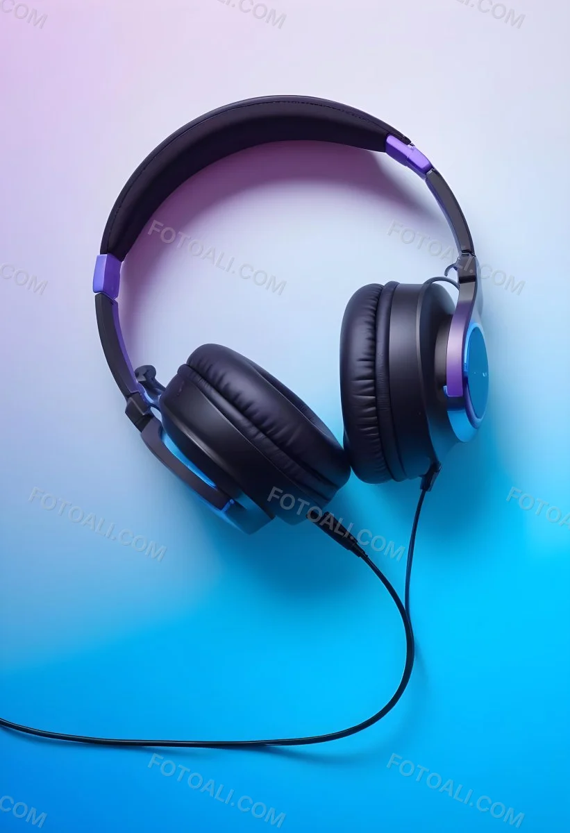 Black Headphones With Black Accents And A Blue Cable Against A Gradient Background Of Light Blue And Purple 8 Cedd