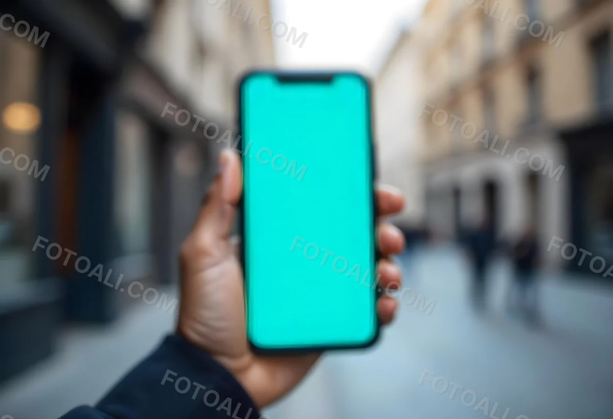 Black Man Holding A Smartphone With A Blank Turquoise Screen The Background Is A Blurred City Street 1 0a81
