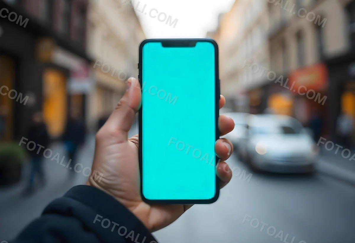 Black Man Holding A Smartphone With A Blank Turquoise Screen The Background Is A Blurred City Street 11 Dce4