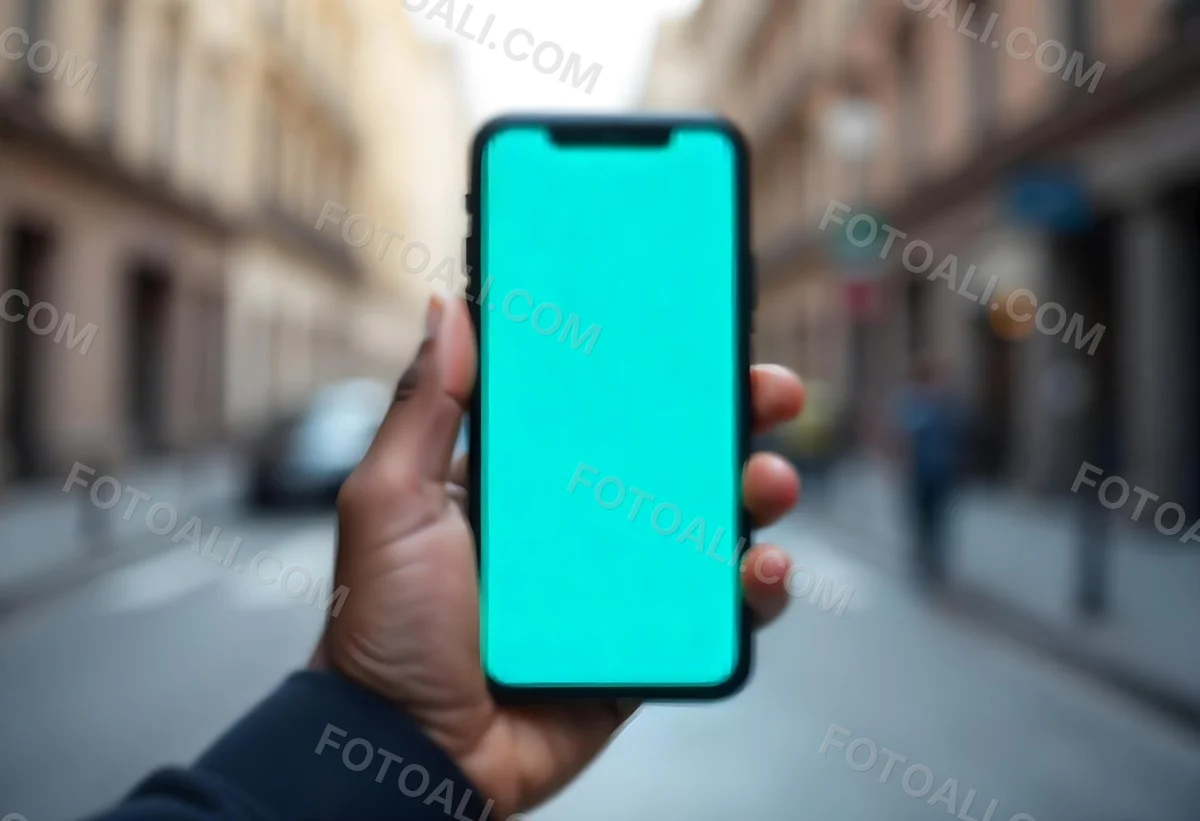 Black Man Holding A Smartphone With A Blank Turquoise Screen The Background Is A Blurred City Street 12 2f90
