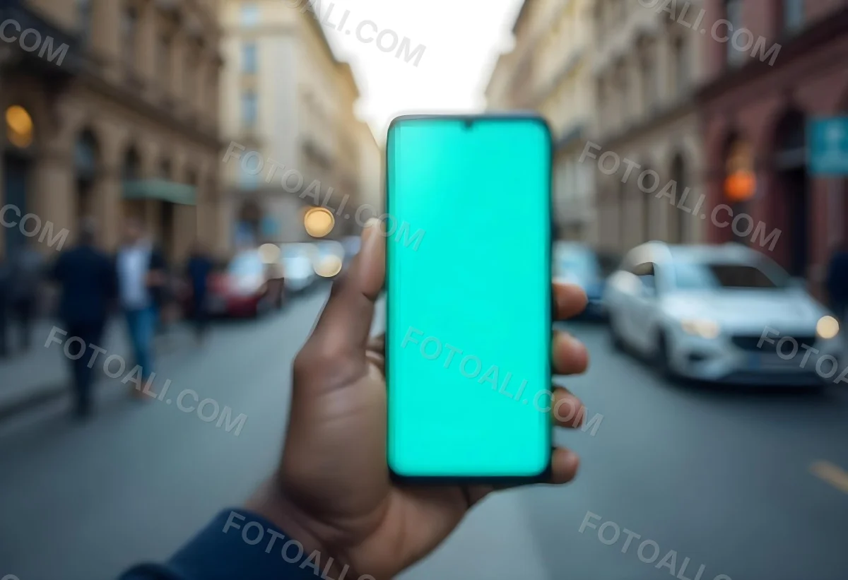 Black Man Holding A Smartphone With A Blank Turquoise Screen The Background Is A Blurred City Street 15 52d3