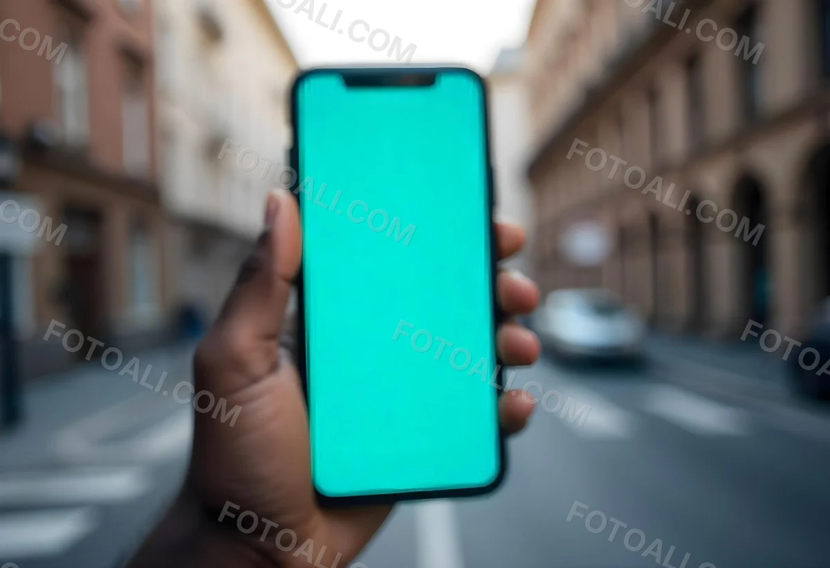 Black Man Holding A Smartphone With A Blank Turquoise Screen The Background Is A Blurred City Street 16 Debf