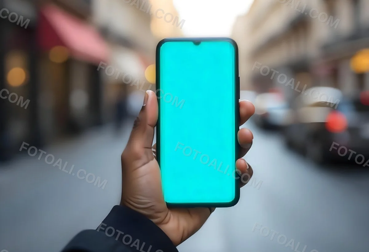 Black Man Holding A Smartphone With A Blank Turquoise Screen The Background Is A Blurred City Street 17 Af61