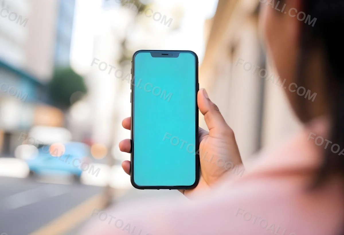 Black Man Holding A Smartphone With A Blank Turquoise Screen The Background Is A Blurred City Street 19 Ec5f