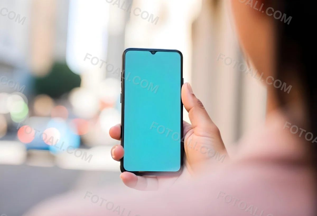 Black Man Holding A Smartphone With A Blank Turquoise Screen The Background Is A Blurred City Street 20 11b9