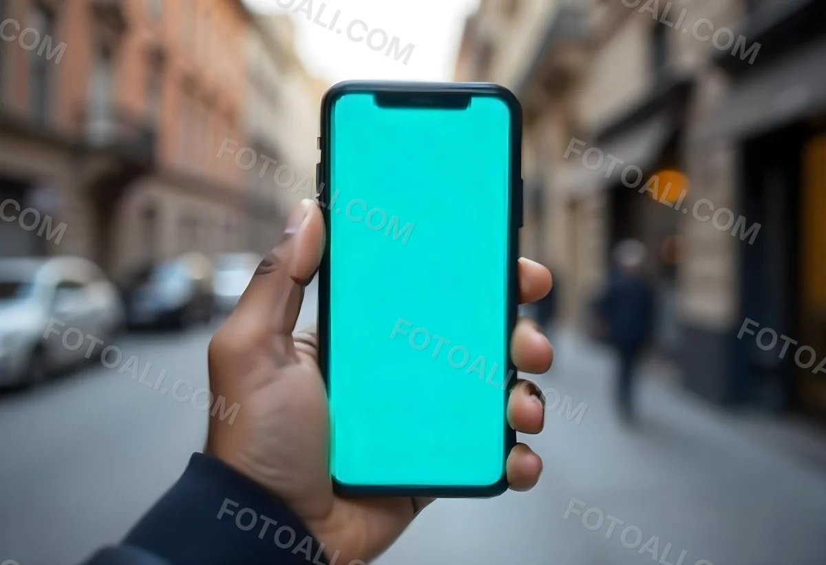 Black Man Holding A Smartphone With A Blank Turquoise Screen The Background Is A Blurred City Street 3 2636