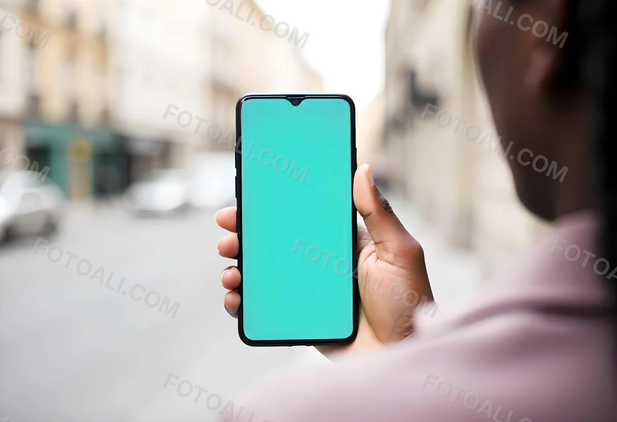 Black Man Holding A Smartphone With A Blank Turquoise Screen The Background Is A Blurred City Street 5 3581