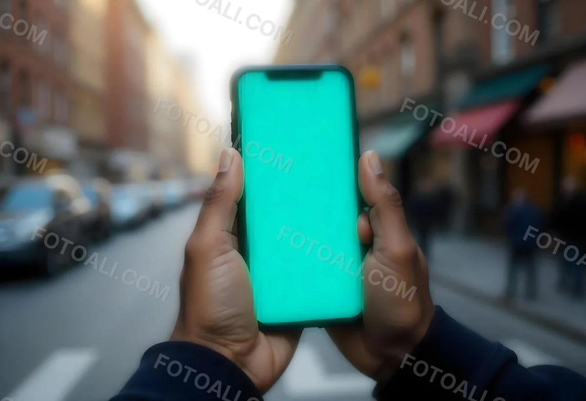 Black Man Holding A Smartphone With A Blank Turquoise Screen The Background Is A Blurred City Street 6 E146